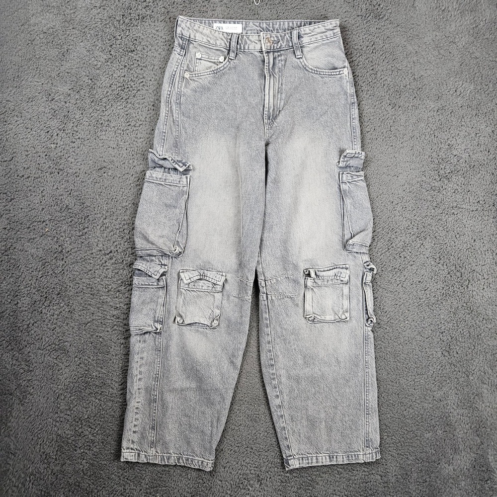 Zara Womens High Rise‎ Multi Pocket Cargo Jeans Light Wash Grey USA 4 Baggy Fit